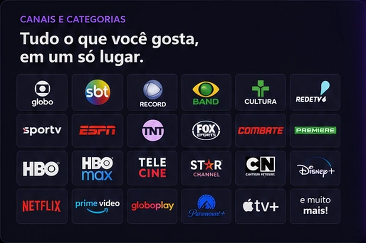 Canais e streamings disponíveis
