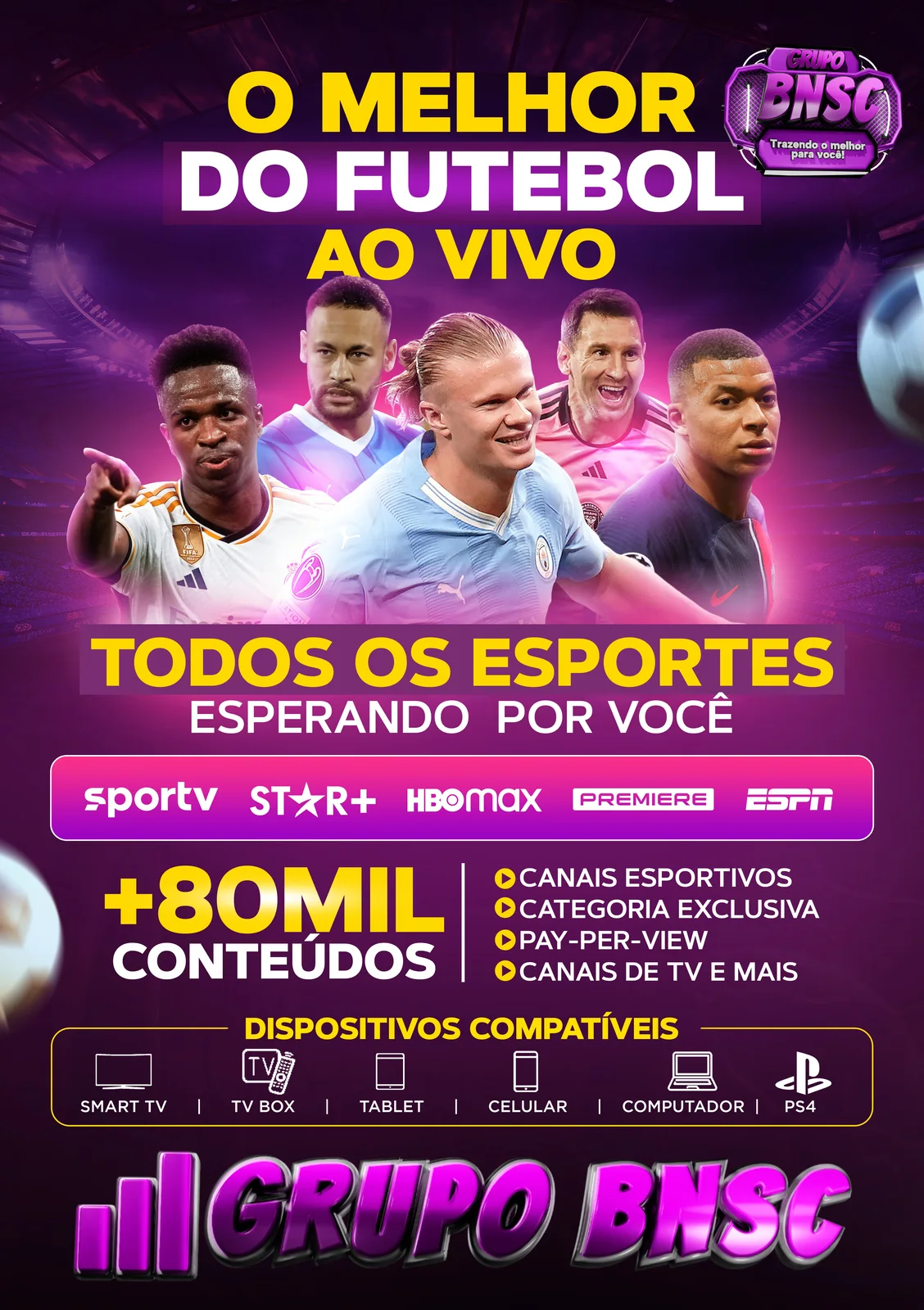Arte promocional sobre futebol e esportes ao vivo